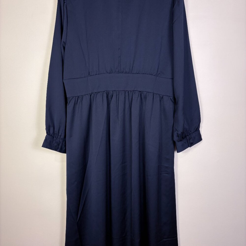 J Crew Satin Navy Long Sleeve Midi Dress Button Down Holiday Elegant - Picture 3 of 12